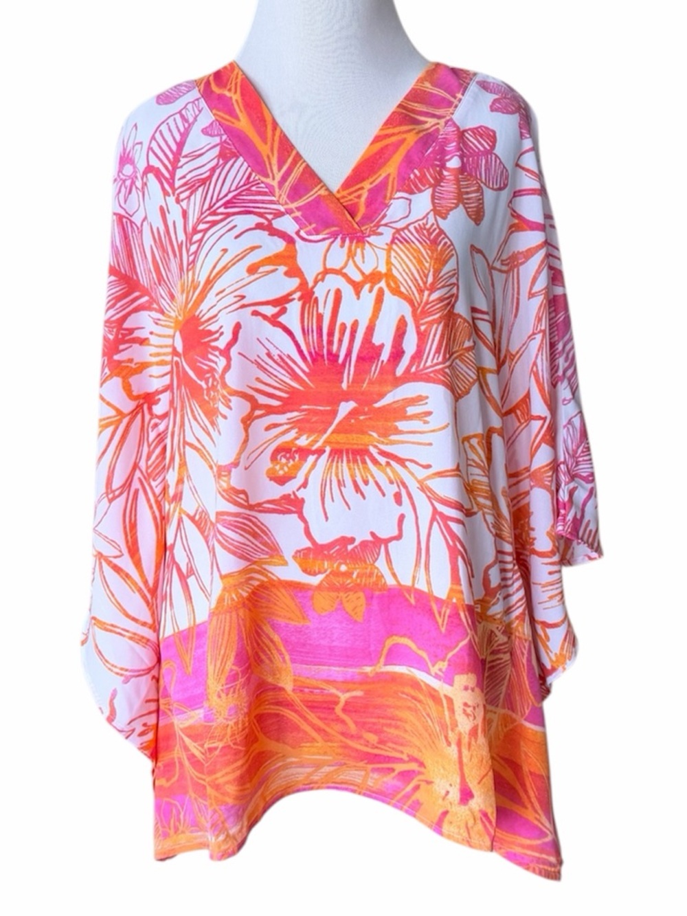 BELLE BEACH KIM GRAVEL Hawaiian Hibiscus Pink Orange Poncho Blouse